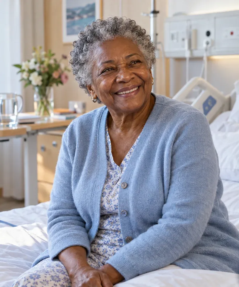 Senior serein dans une chambre d’hôpital lumineuse