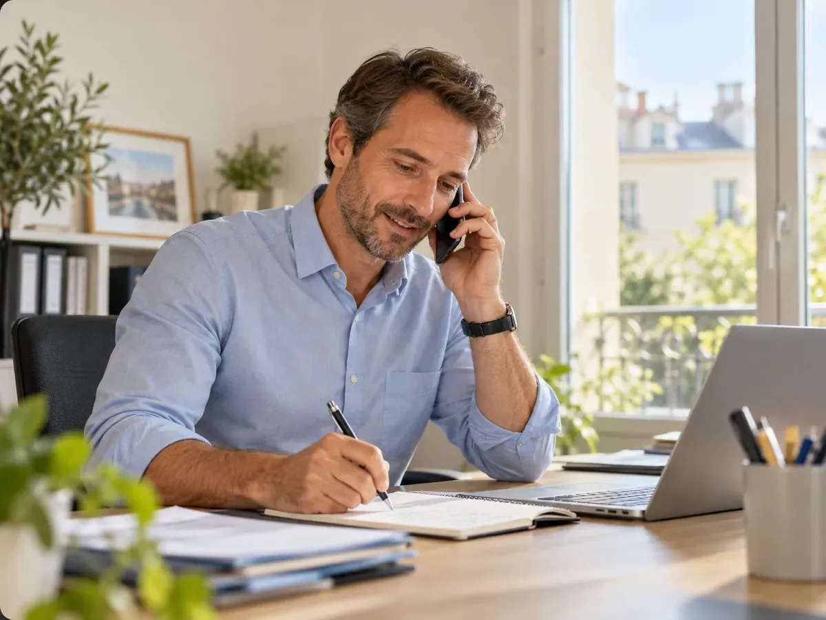 Conseiller au téléphone avec un client, à son bureau